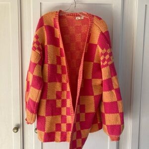 Main Strip Chunky Pink and Orange Checkered Sweater